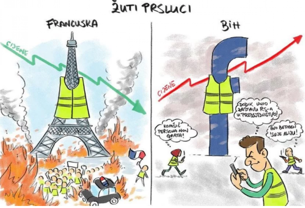 Karikatura Zdravka Cvjetkovića na temu žutih prsluka u Francuskoj i BiH